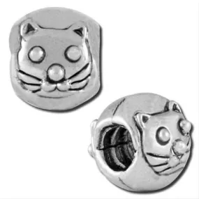 11mm Cat Face Large Hole Bead - Rhodium Plated (2 Pieces) - CLEARANCE