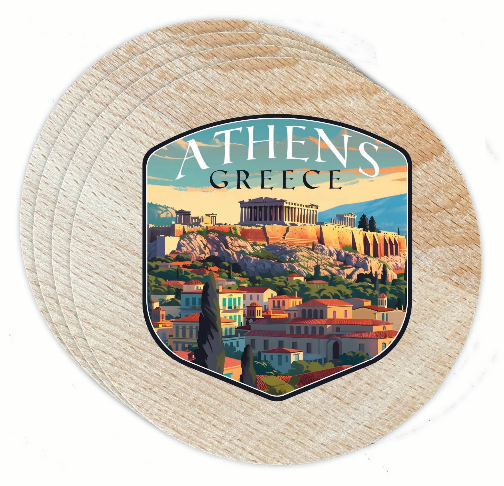 Athens Greece Acropolis Cityscape Design Souvenir Coaster Wooden 3.5 x 3.5-Inch 4 Pack