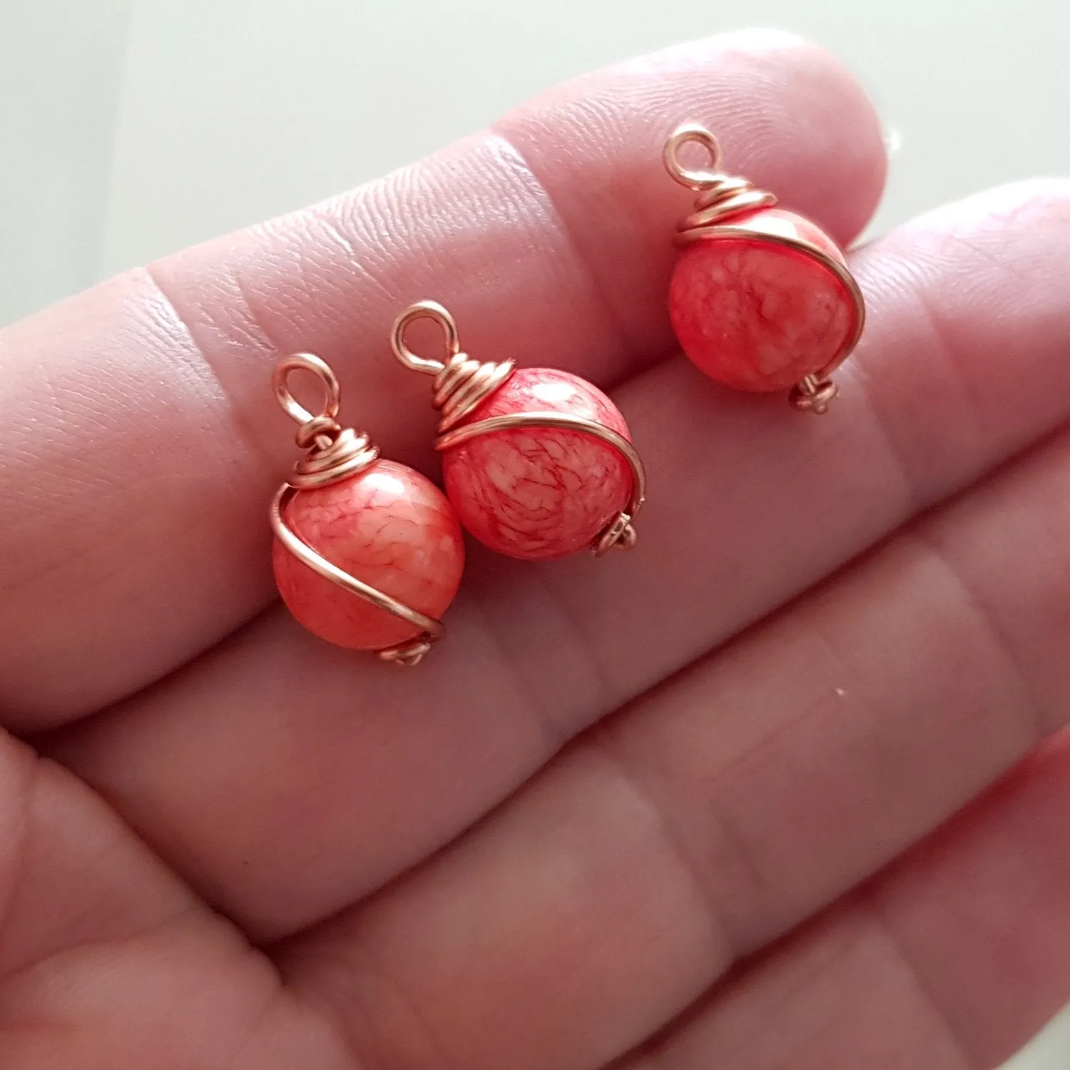 Bead Charm Copper Wire Wrapped Peach Dyed Stone 10 mm 3pc Pack| WC-004D