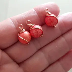 Bead Charm Copper Wire Wrapped Peach Dyed Stone 10 mm 3pc Pack| WC-004D