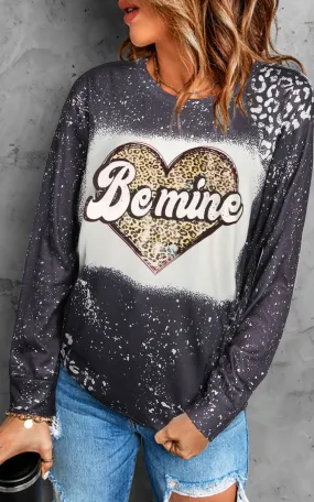 Black Be Mine Leopard Heart Bleach Print Long Sleeve Top