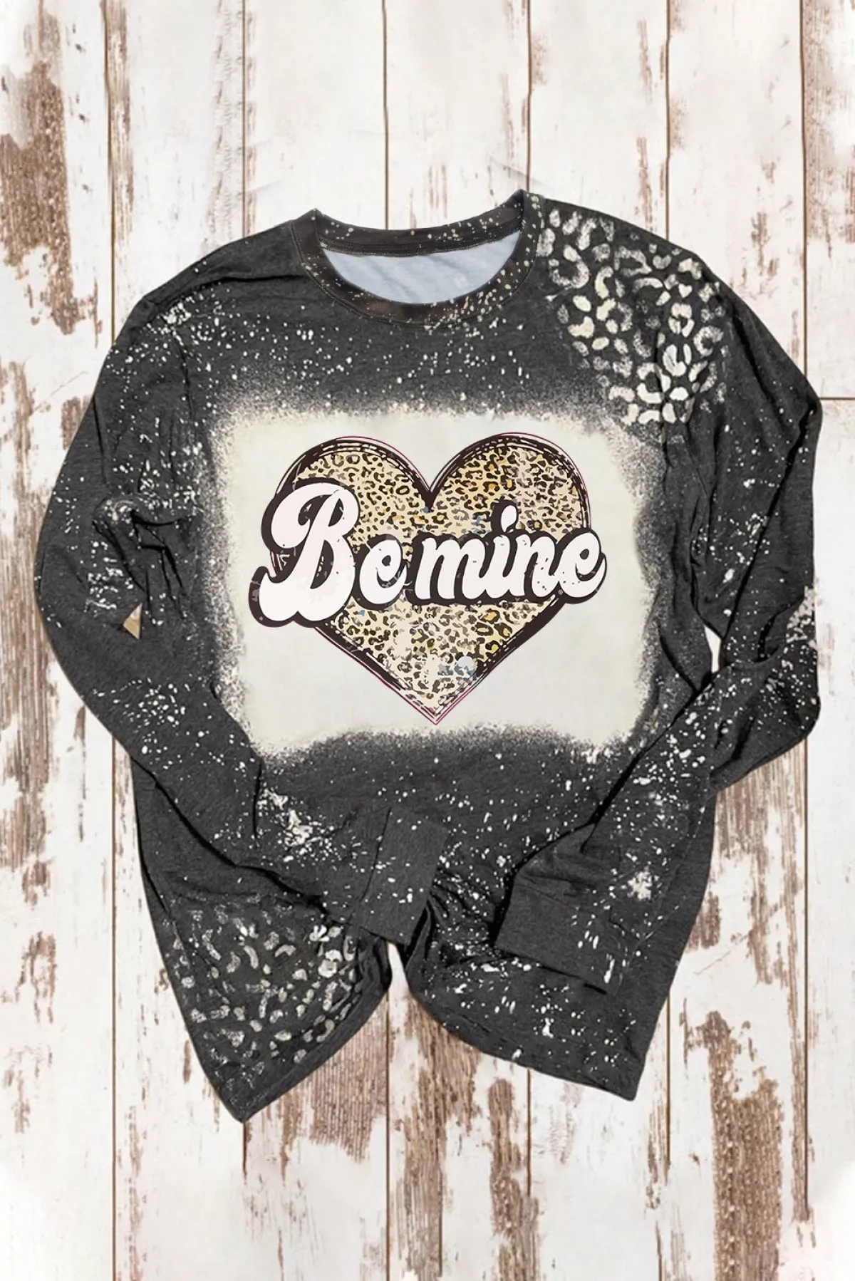 Black Be Mine Leopard Heart Bleach Print Long Sleeve Top