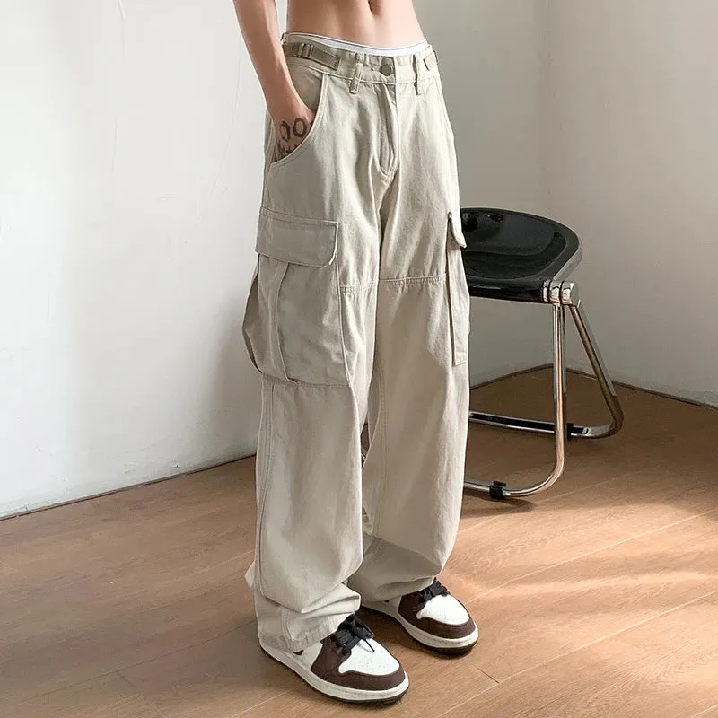 Bonsir American High Street Big Pocket Overalls Casual Pants Men and Women High Waist Slim Hip Hop Streetwear Pants