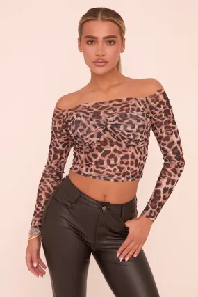 Brown Leopard Print Mesh Bardot Long Sleeves Cropped Top - Mahalie