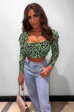 Green Leopard Print Ruched Crop Top - Tina