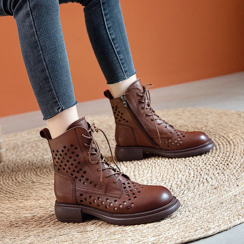 Handmade Genuine Leather Hollow Out Boots Women Breathable Summer Shoes Side Zipper Ankle Boots Brown/Black