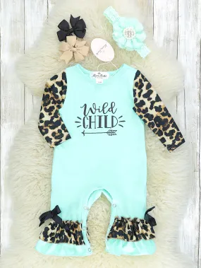 Mint Wild Child Leopard Ruffle Romper