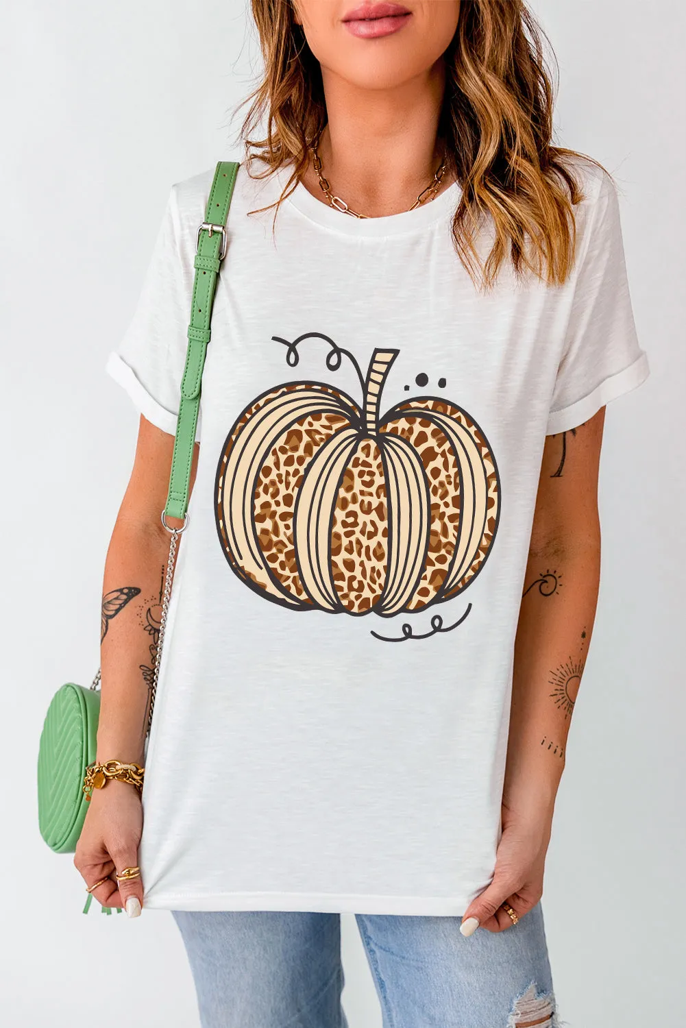 White Leopard Pumpkin Graphic Crewneck Halloween T Shirt